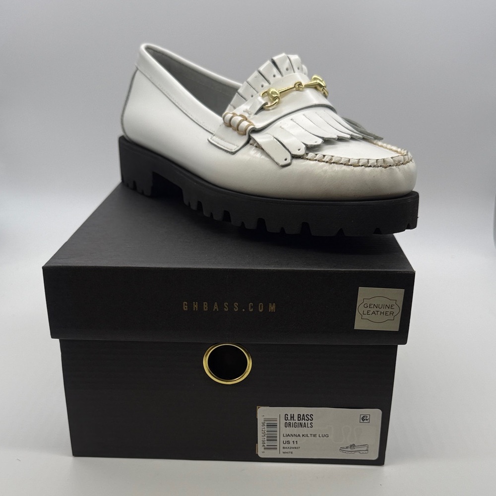G.H. Bass & Co. White Leather Kiltie Loafer with Gold Bit and Black Lug Sole